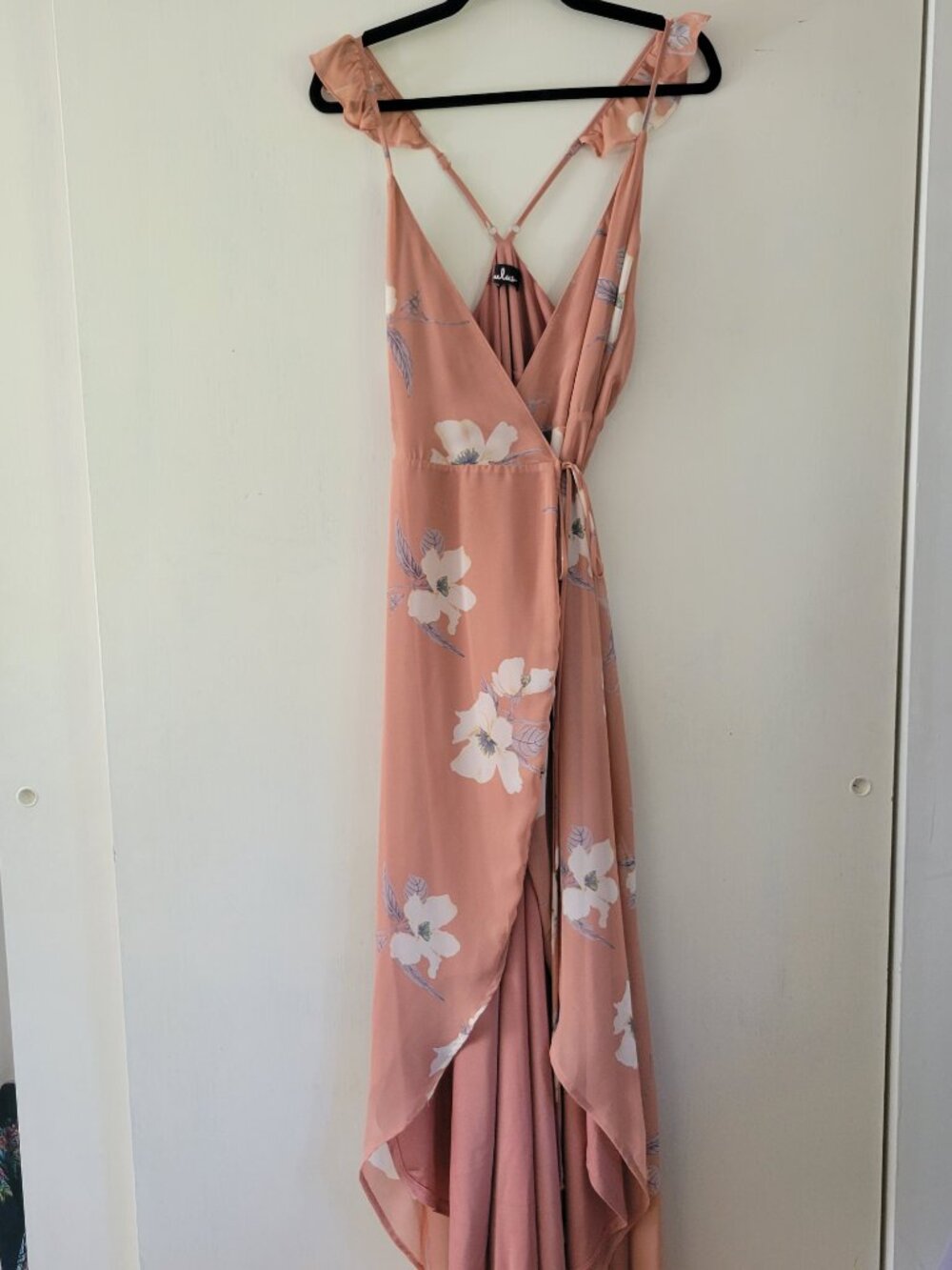 Lulus Blush Pink Floral Wrap Dress Ruffle Strap High Low Romantic Date Night - Picture 2 of 10